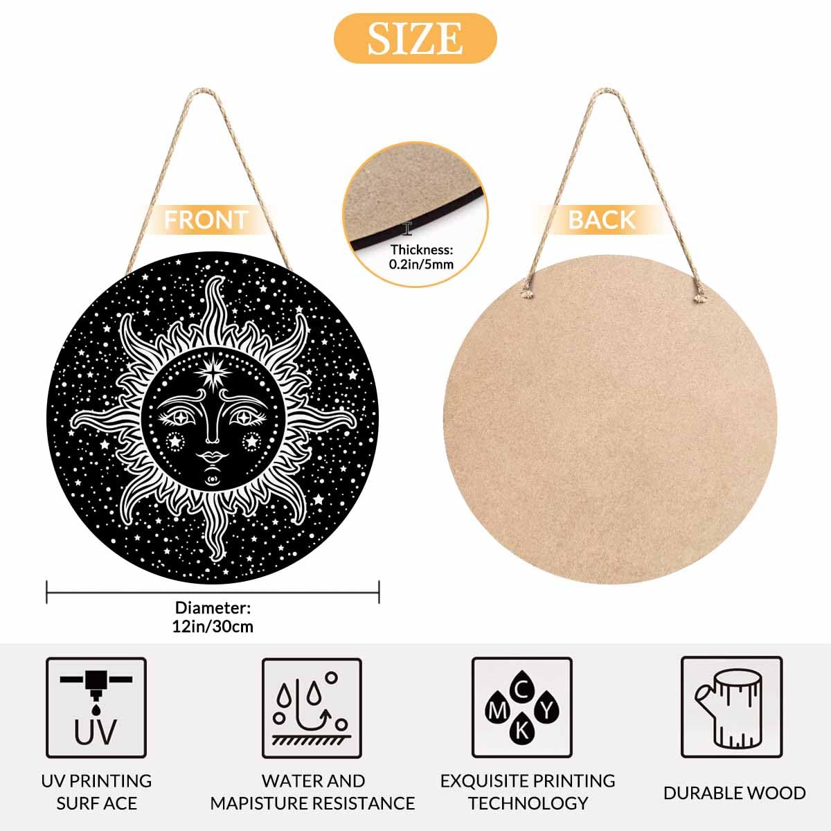 Beabes Farmhouse Front Porch Decor Door Hanging Black White Sun Stars 12in Round Wooden Hanging Housewarming Home Decor Present