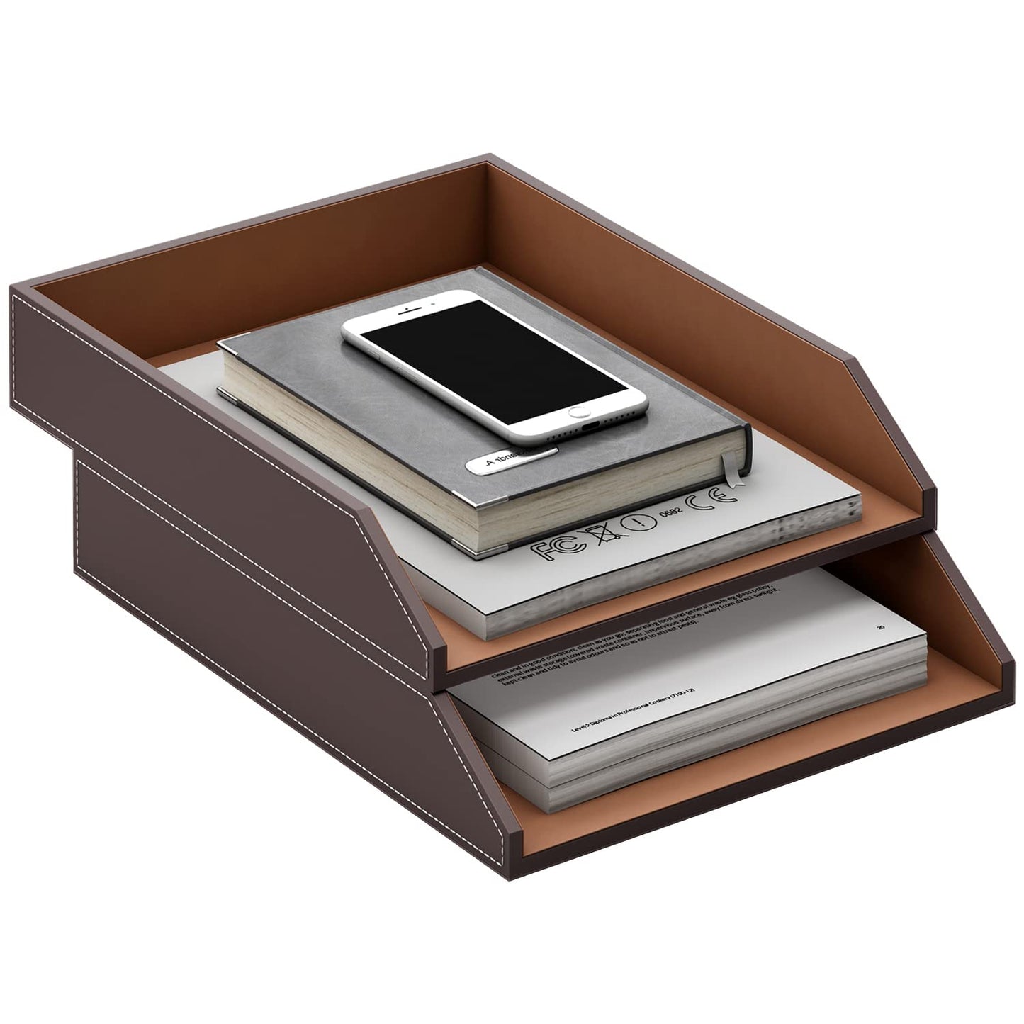 Leather Letter Tray, Thipoten Stackable Desk Organizer Holder for Office Supplies, Paper, File, Magazine, Perfect Office Organization for Desktop (Brown-2Tiers)