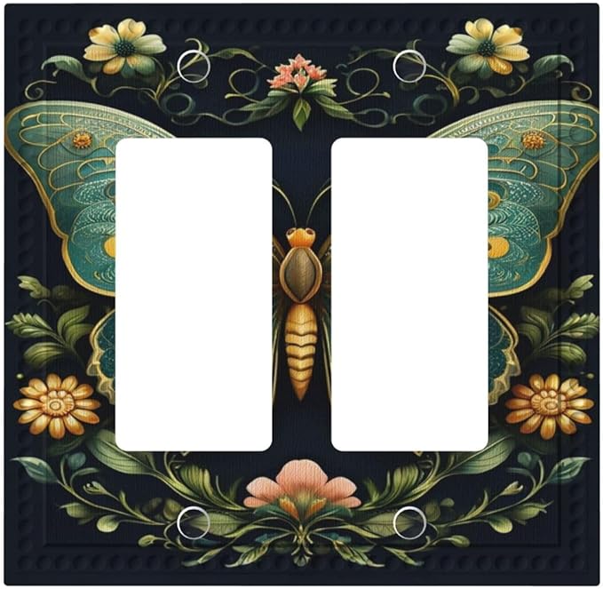 Butterfly Ornate with Flower Dual Outlet Covers Wall Plate 2 Gang Rocker Decora Decorative Switchplate Electrical Faceplate GFCI Light Switch Covers for Farmhouse Living Decor