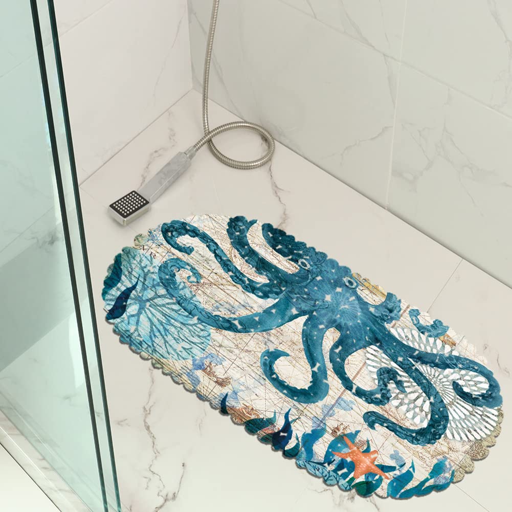 MOLFUJ Non Slip Octopus Bathtub Mat with Suction Cups, Oval Pebble Shower Mat for Baby Tub,Safety Vinyl Anti-Skid Decoration Bath Mat, Coastal Ocean Beach Nautical Themed Decor Bathroom Accessories