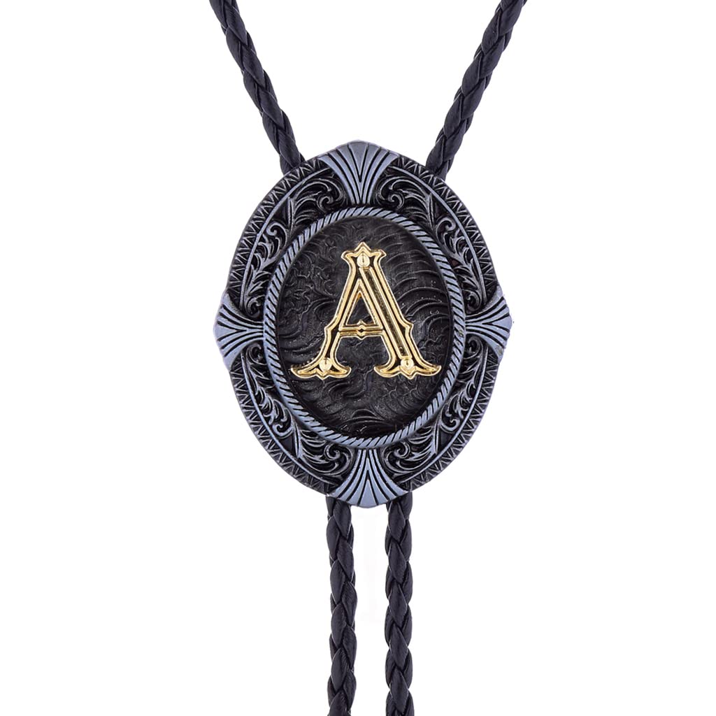 Fibbadet 2Pcs Belt Buckle Bolo Tie Set for Men, Western Cowboy Initial Letters Leather Necktie Belt Buckles for Husband Boyfriend A