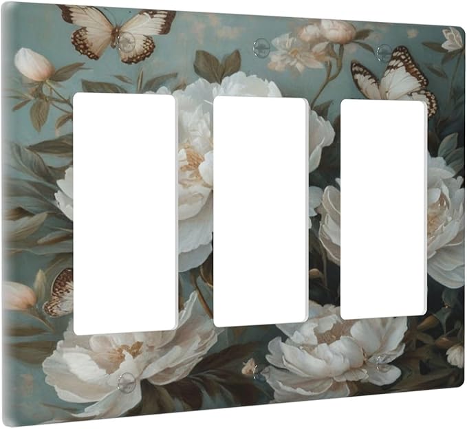 Decorative Art Light Switch Covers Butterflies & Peonies 3 Gang Triple Rocker Outlet Switch plate GFCI Faceplate GFCI for Home Decor