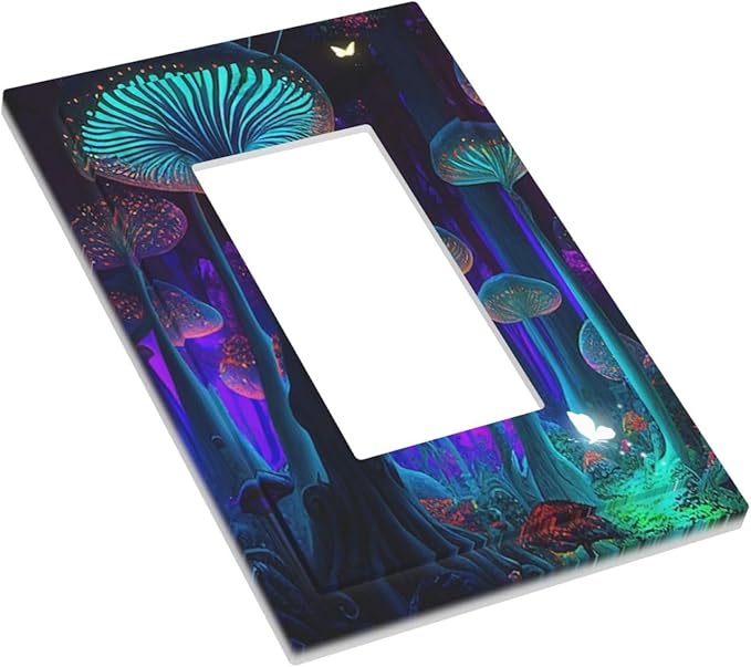 Fantasy Mushroom Forest Glowing Butterfly Single Rocker/Decora Light Switch Plate Decorative 1 Gang Outlet Cover Faceplate GFCI Electrical Receptacle Wallplate Dimmer for Bathroom Home Decor