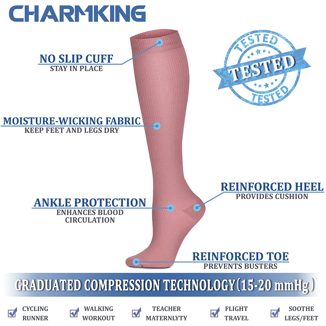 CHARMKING Compression Socks for Women & Men (8 Pairs) 15-20 mmHg Graduated Copper Support Calf Socks are Best for Pregnant, Nurses - Boost Performance, Circulation, Knee High Wide Calf(L/XL, Multi 43)