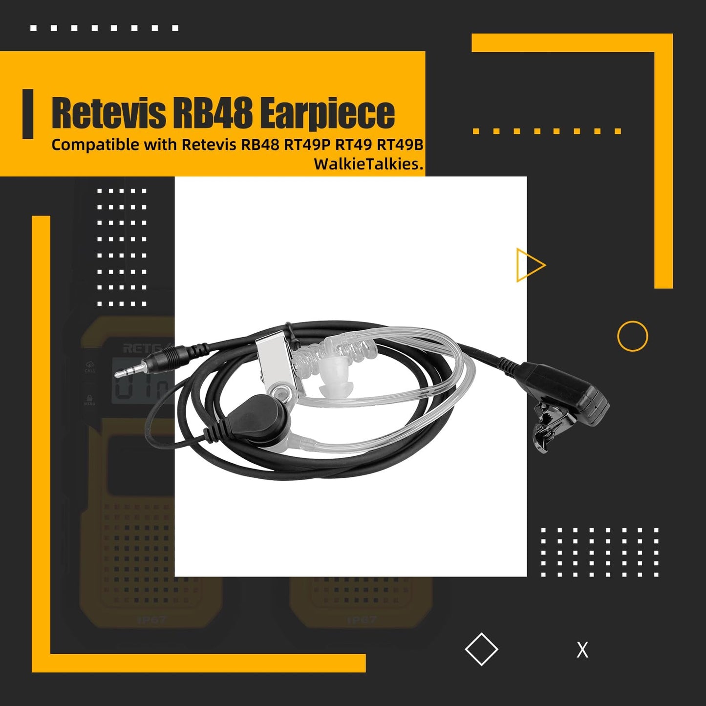 Retevis RB48 Walkie-Talkie Earpiece with Mic 1 Pin 2.5mm, Transparent Acoustic Tube, Compatible RB48 RB48 Plus RB48A RB48 Pro RT49 RT49B RT49P Two Way Radio, Walkie Talkie Headset(2 Pack)