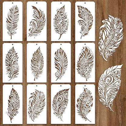 12 Pcs Painting Stencils, 12 Styles Feathers Pattern Stencil Templates Reusable Craft Templates for Painting on Wall Decor Fabric Wood Canvas