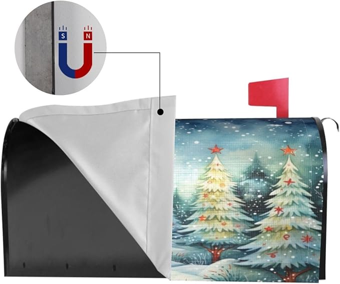 Festive Magnetic Mailbox Cover Christmas Forest Pattern Outdoor Mailbox Protector Holiday Seasonal Decorative Garden Yard Home Large Size 25.5 x 21 Inch