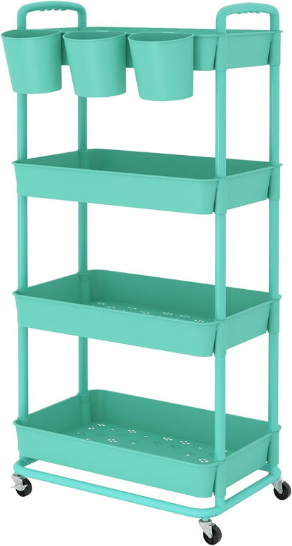 JIUYOTREE 4-Tier Plastic Rolling Storage Cart Utility Cart with Extra Hanging Cups Handles Lockable Wheels for Living Room Bathroom Kitchen Office Green