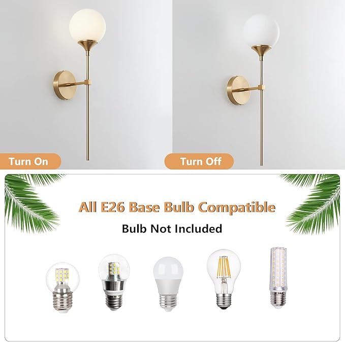 KCO Mid-Century Modern Wall Mounted Sconces Set of 2 Brushed Gold Globe Vanity Light Fixture Long Arm Industrial Bathroom Lighting Fixtures Over Mirror (White)
