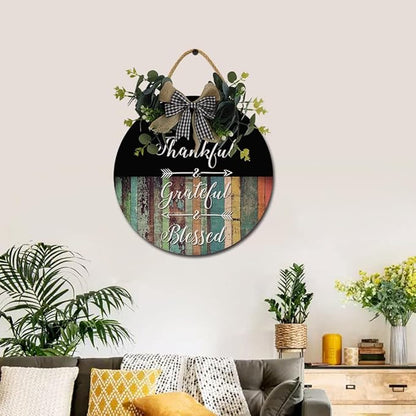 Thankful & Grateful & Blessed Front Door Sign Funny Wreaths Hanging Wooden Plaque Decoration Round Rustic Wood Farmhouse Porch Decor for Home Front Door Decor, 12 x 12 Inch