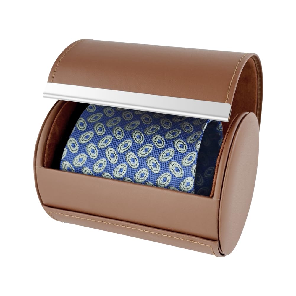 YY YEARCHY Men's Necktie Travel Case, Tie Anti-Wrinkle Organizer Box - Formal Cylinder Shape (Brown)