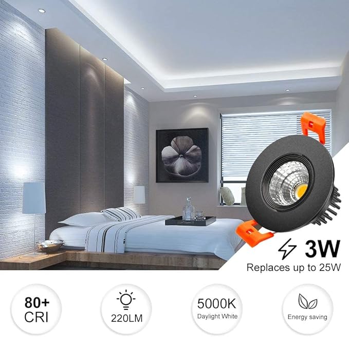 2 Inch Downlight, 3W Recessed LED Lighting COB Dimmable, 5000K Daylight White, CRI80, Black Trim, Ceiling Lights With Driver, 1 Pack