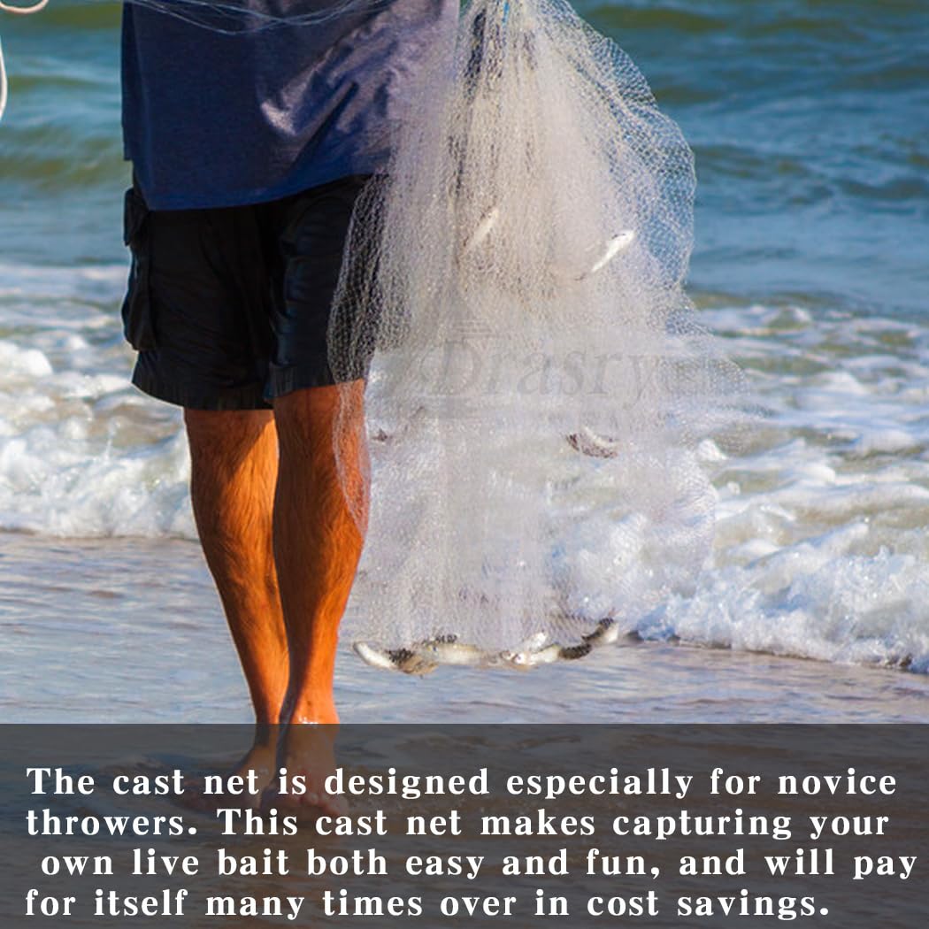 Drasry Saltwater American Green Monofilament Fishing Cast Net Lead Sinker 3/8inch Mesh for Bait Minnows Trap Fish Heavy Duty Throw Net 4FT/5FT/6FT/7FT/8FT Radius Size 8FT Radius