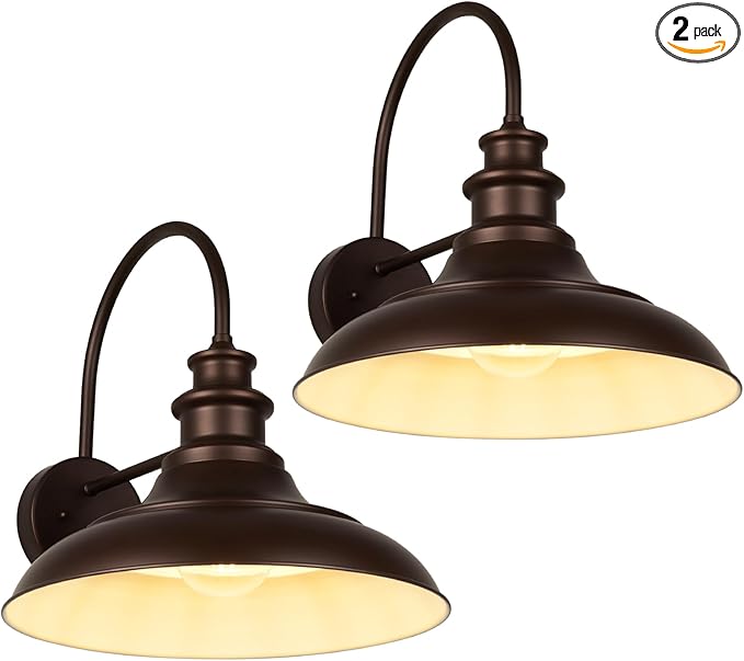 Outdoor Barn Light Fixtures, 16 Inch Large Dome Farmhouse Exterior Wall Mount Lights, Rustic Gooseneck Wall Sconces Indoor Wall Lighting, Industrial Bronze White Lanterns for Porch, 2 Pack