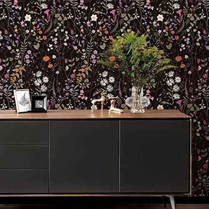 Floral Peel and Stick Wallpaper Blooming Black/Purple Flowers Self-Adhesive Wall Paper Removable Decorative Contact Paper for Bedroom Cabinet Living Room Decor 17.7" x 118",14.5 sq.ft/Roll