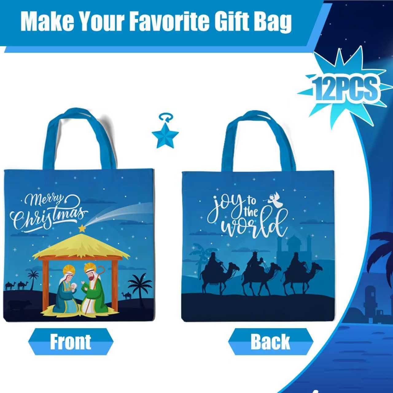 Lyosehy 12PCS Christmas Nativity Non Woven Bags Merry Christmas Goodie Bags Bulk with Handle Joy to the World Party Treat Bags for Jesus Holiday Theme Birthday Party Supplies Decorations