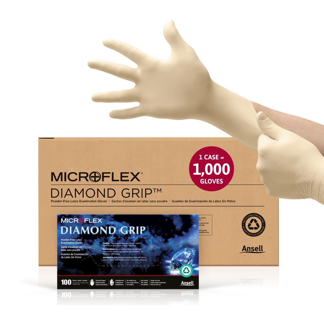 Ansell MICROFLEX Diamond Grip MF-300 Disposable Latex Gloves for Automotive, Healthcare, Machinery Industries - Med, Natural (Case of 1000)