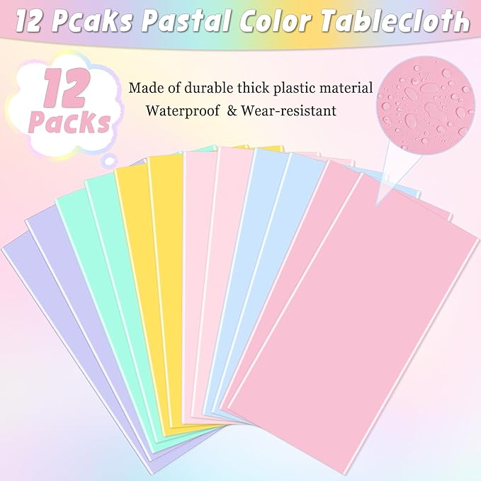 12 Packs Pastel Rainbow Tablecloths Pastel Color Disposable Plastic Table Cloth 54 x 108 Inch Waterproof Table Covers for Ice Cream Party Baby Shower Wedding Baby Birthday Parties Decorations