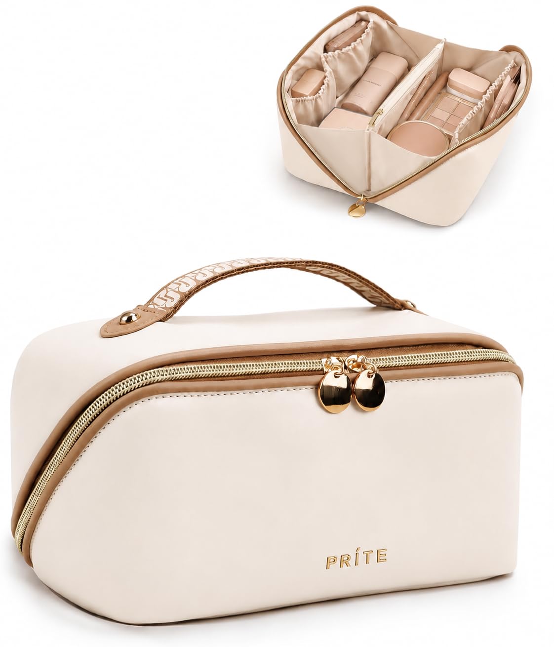 Prite Makeup Bag for Women Travel Waterproof Vegan Leather Cosmetic Bag Open Flat Toiletry Bag With Clear Divider and Handle (Beige, Medium)
