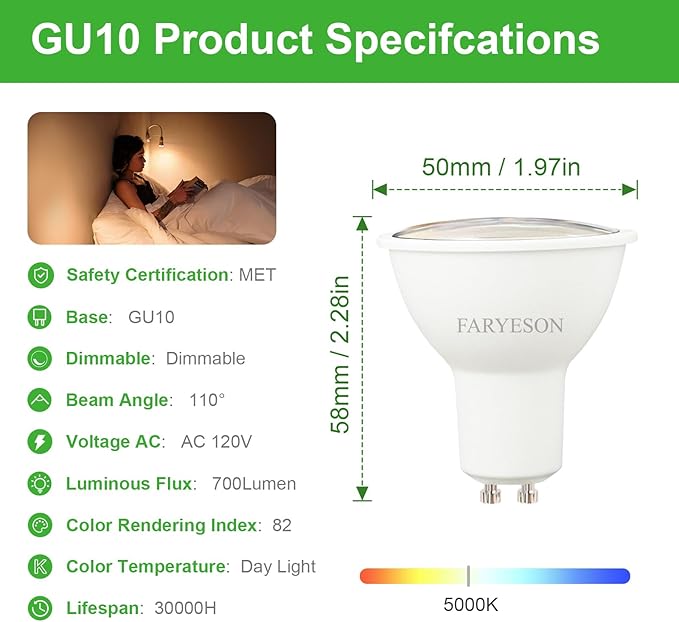 Dimmable GU10 LED Light Bulbs - 5W Energy-Efficient, 700 Lumens Daylight White (5000K), 110° Flood Beam, Ideal Replacement for Halogen Bulb in Recessed & Track Lighting, 6-Pack