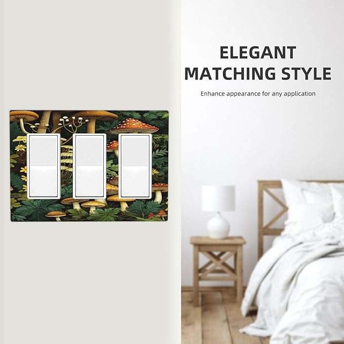 Mushrooms Forest Nature Botanical Art 3 Gang Rocker Triple Outlet Wall Plate Decorative Switchplate Cover Faceplate GFCI Light Switch Covers for Farmhouse Living Decor
