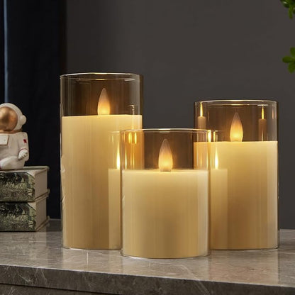 Glass Flameless Pillar Candles Flickering with Remote Timer, Battery Operated LED 3D Moving Flame Real Wax Candles,Remote Included (Champagne)