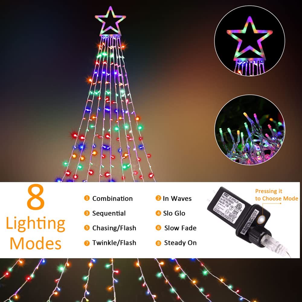 Outdoor Christmas Star String Lights, 320 LED 11.5 ft Waterfall Tree Lights with 8 Lighting Modes for Indoor/Outdoor Yard, Home, Festival, Party, Xmas, New Year Decor
