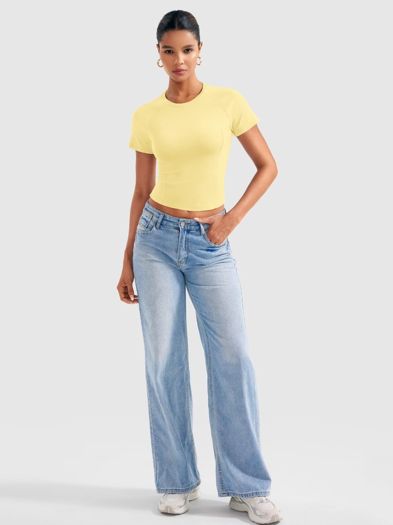 YEOREO Women Tops Baby T-Shirt Short Sleeve Crew Neck Going Out Crop Top Corriny Slim Fit Workout Basic Baby Tee Cream Yellow M