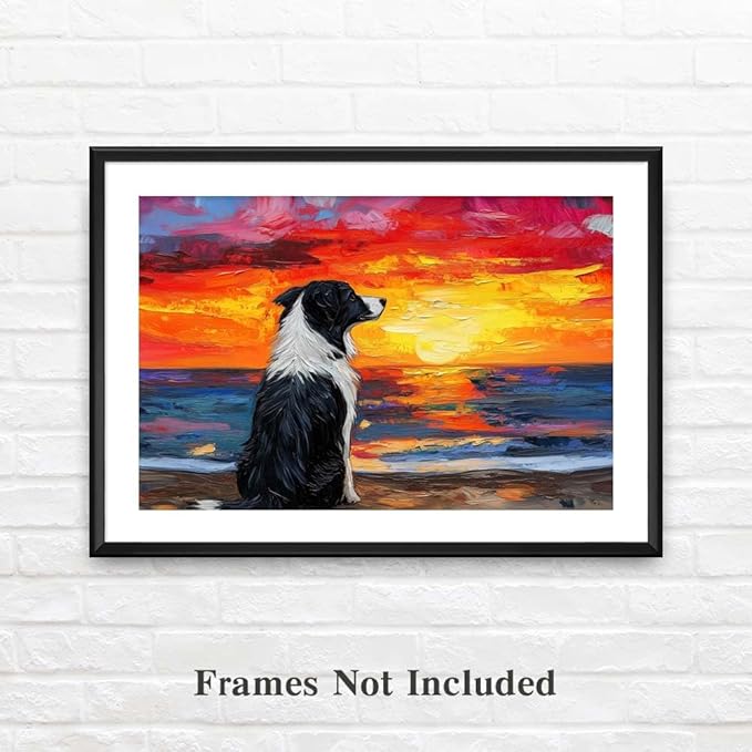Yesad Dog Wall Art, Border Collie Painting Sunset Beach Canvas Print Impressionist Artwork Colorful Poster Pictures Gift for Dog Lover Wall Décor for Living Room Bedroom (Unframed,24”x16”, Dog1)