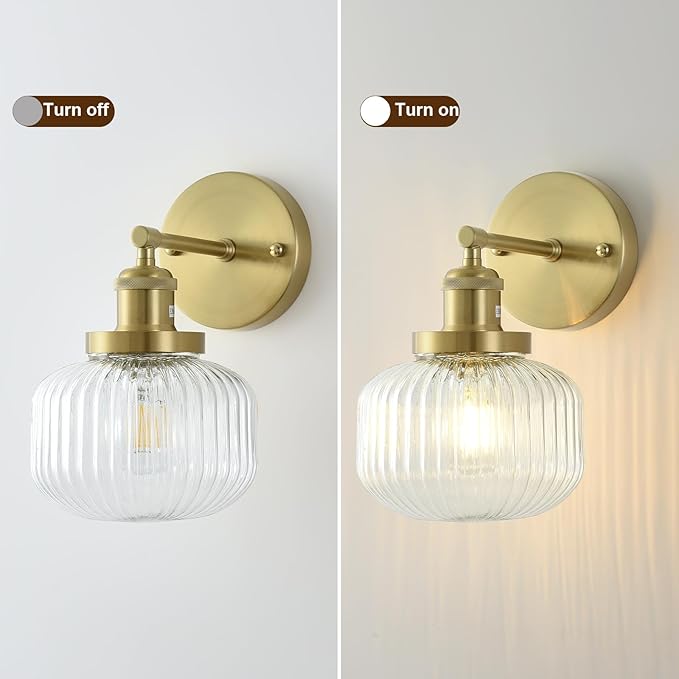 Vintage Wall Sconces with Clear Pumpkin Glass Lampshade, Indoor Bath-Room Wall Sconce, Modern Gold Industrial Lighting Fixture for Mirror Living Room Hallway 1 Pack