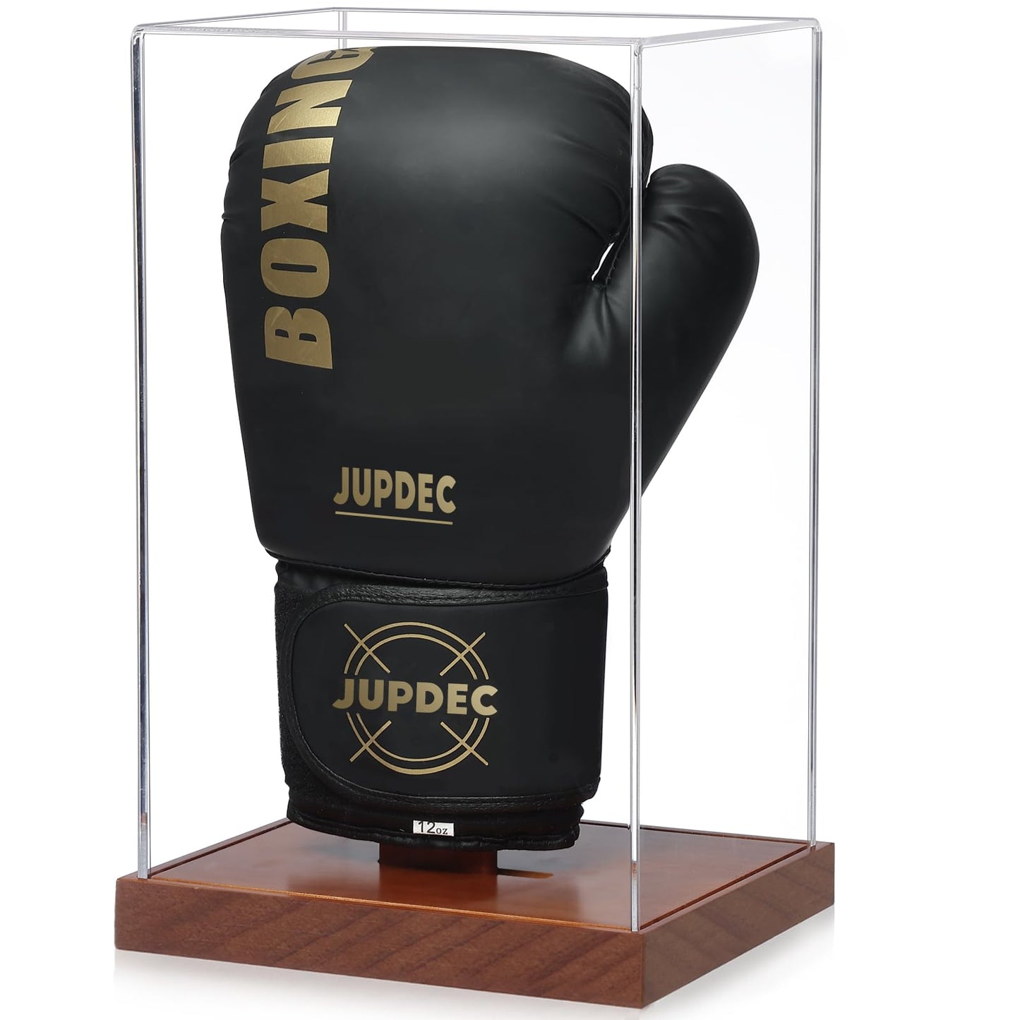JupDec Boxing Glove Display Case, Clear Acrylic Showcase with Wood Base & Plank for Single Glove, Full Size UV Protection Souvenirs and Collectibles Box, Ideal Gift for Boxing Fans