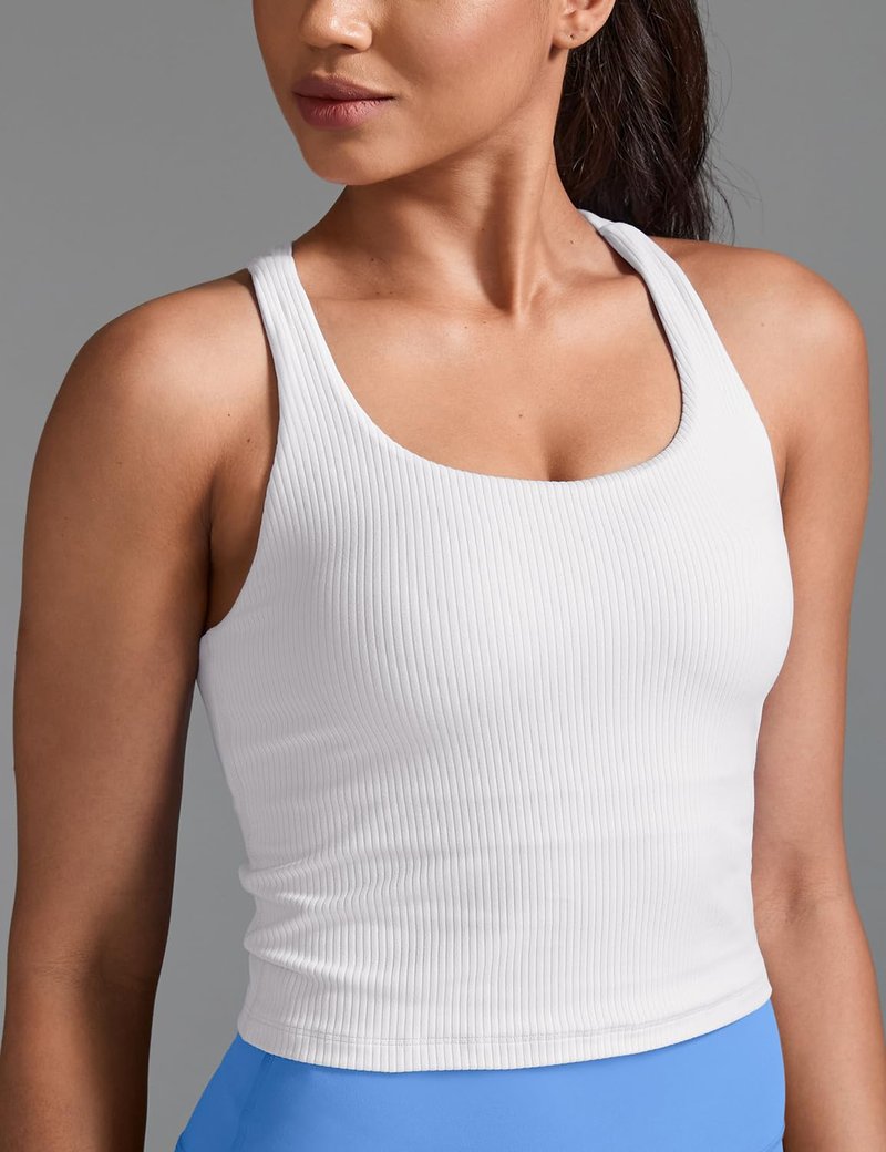 HeyNuts Zeal Longline Ribbed Sports Bras for Women, Medium Impact Wirefree Yoga Tank Tops Criss Cross Back Crop Tops Workout Bras White M