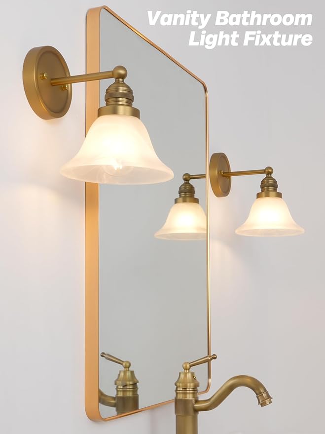Gold Wall Sconces, Vintage Bathroom Vanity Lights with Frosted Milk Glass Brass Sconces Wall Lighting Indoor Wall Lamps for Living Room Bedroom Kitchen Sink Hallway Stairway E26