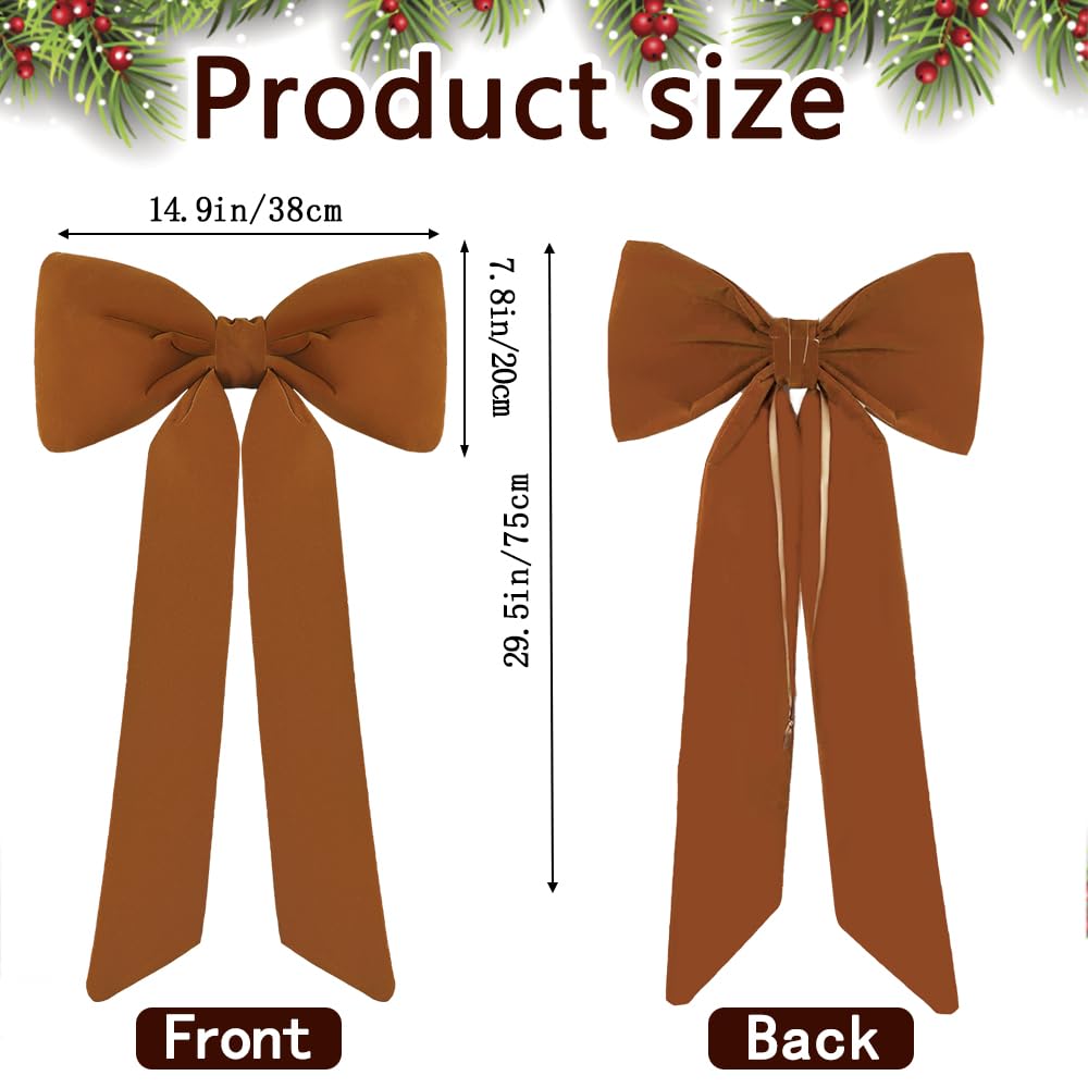 Celltestria Large Christmas Bow Ornament 15x30 Inch Velvet Giant Wreath Bows Xmas Tree Topper Ribbon Hanging Bows for Christmas Holiday Home Wall Outdoor Indoor Party Garland Crafts Decoration(Khaki)