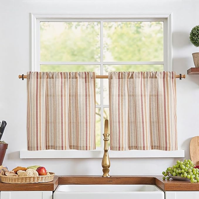 jinchan Colorful Striped Linen Kitchen Curtains 24 Inch Christmas Tier Curtains Farmhouse Modern Cafe Small Window Treatments Light Filtering Rod Pocket for Living Room Bathroom 2 Panels Multi Red