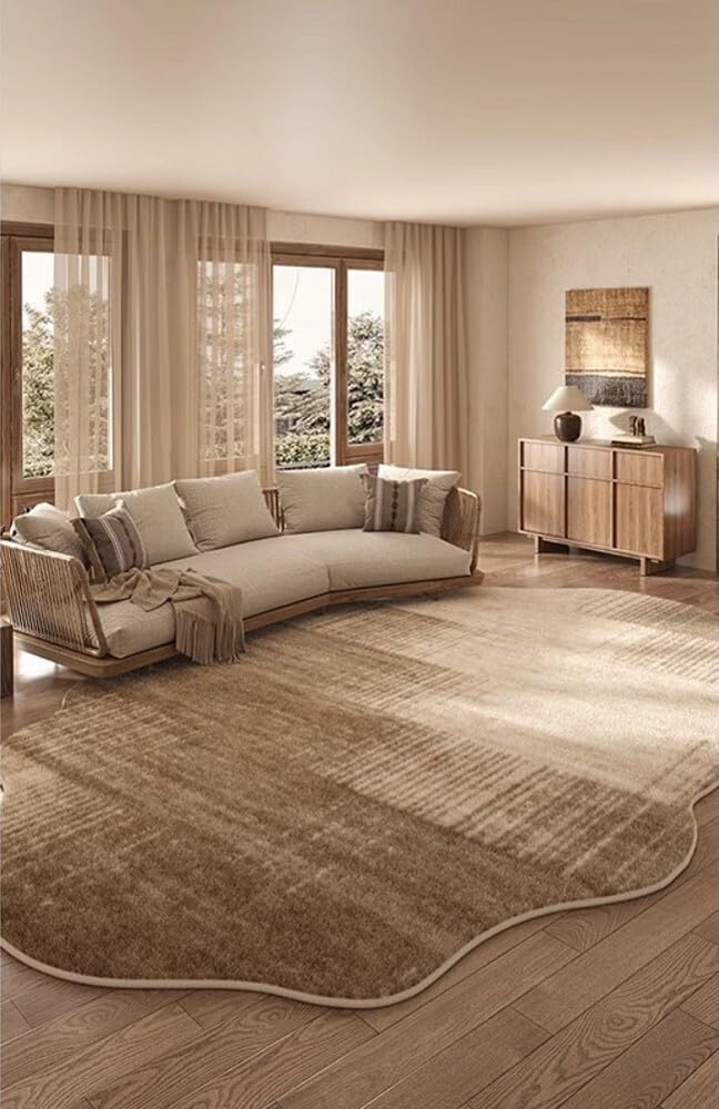 Odd Shaped Brown Beige Vintage Abstract 4x6 Area Rugs for Living Room Farmhouse Nursery Office Asymmetrical Rug Under Dining Room Coffee Table Bedroom Entryway Waterproof Faux Wool Carpets