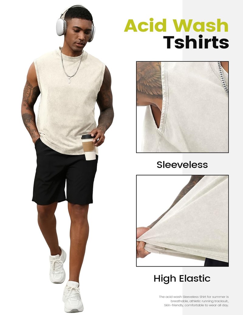 Yimoon Mens Tank Tops Workout Sleeveless Shirts Cotton Acid Wash Tees Loose Gym Muscle Shirts(BlackKhakiBeige-L)