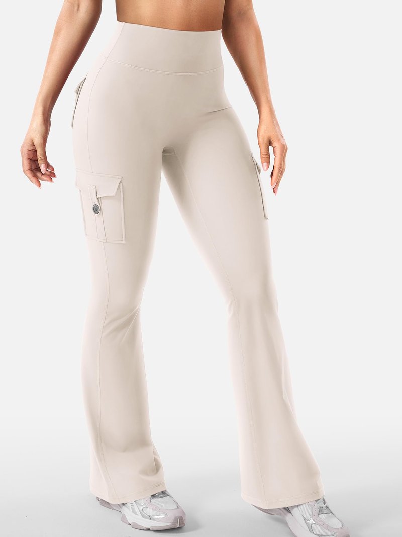 YEOREO CoreFlex Women Workout Flare Leggings with Pockets Hidden Scrunch High Waisted Cargo Gym Yoga Leggings Light Khaki XL