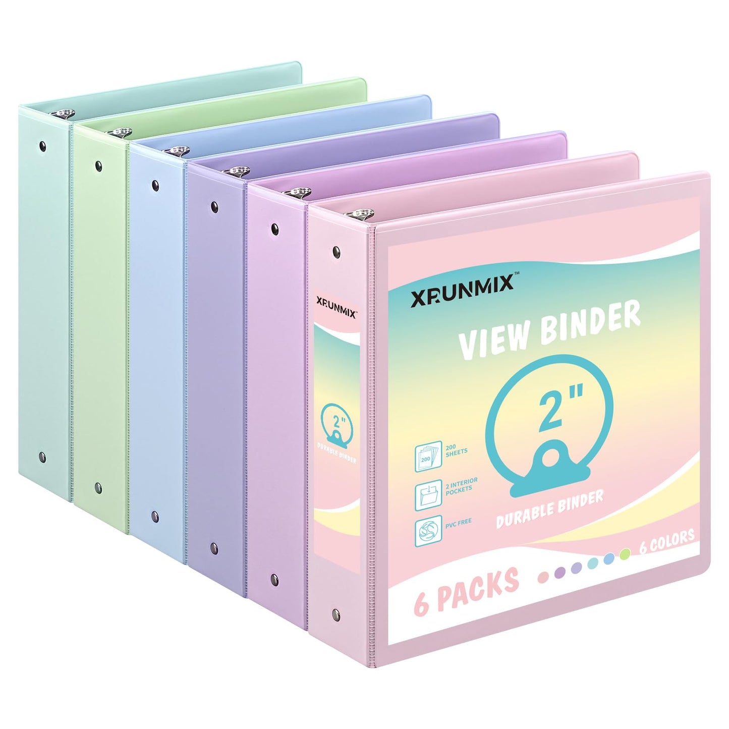 2-inch 3-Ring Binder with Pockets, Basic Binders 2'' Pastel Color Binders, Holds Letter Size 8.5'' x 11'', 450 Sheet Capacity, Bundle 6 Pack for Back to School (2- Inch)