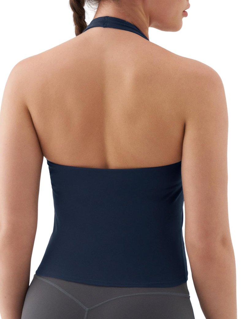 K-Swiss Halter Crop Tops for Women - Open Back Padded Longline Sports Bras Workout Gym Yoga Top, Blue M