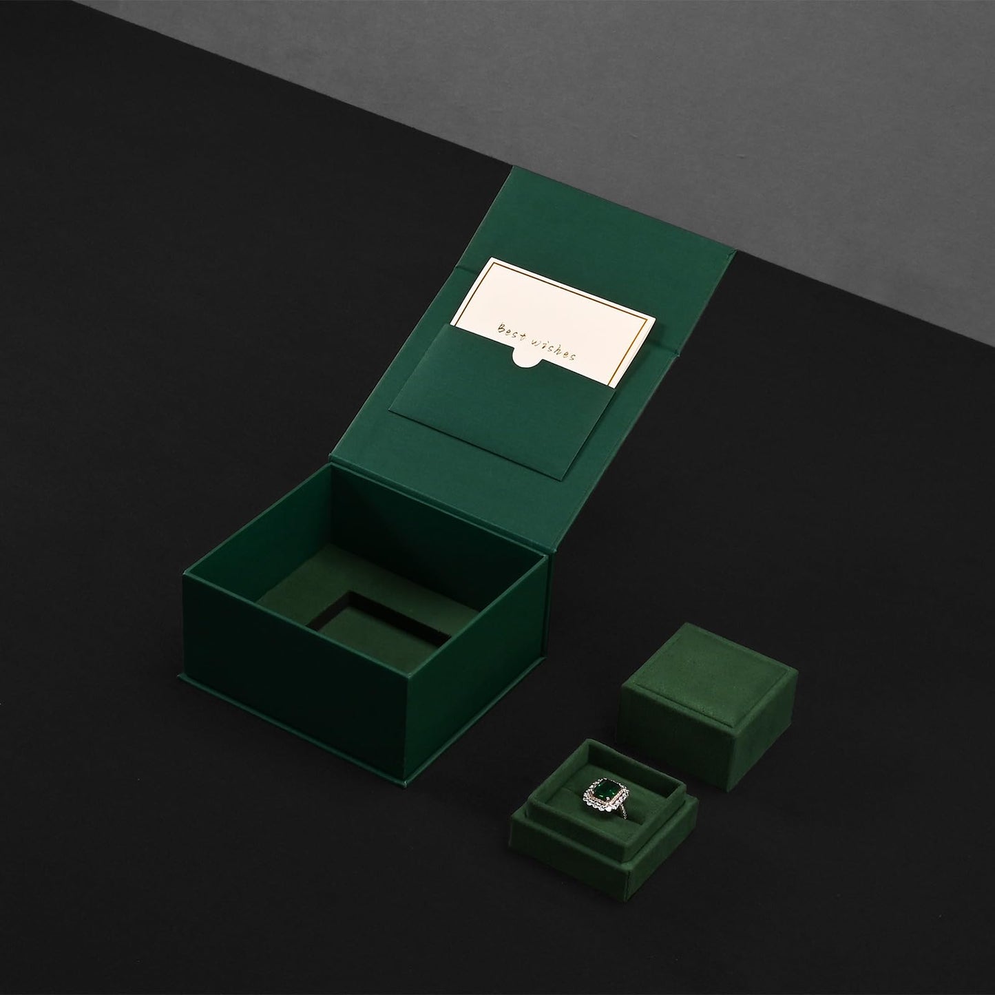 Woodten High-end Faux Leather Jewelry Gift Box with Small Ring Box Greeting Card Small Proposal Engagement Ring Box(Green)