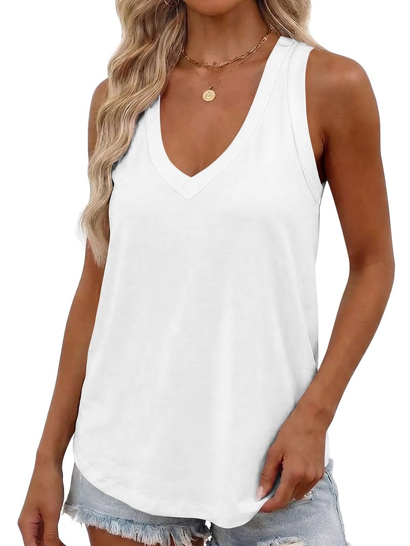 Smile Fish Women Summer Deep V Neck Tank Top Loose Fit Flowy Sleeveless Shirt Cotton White,M