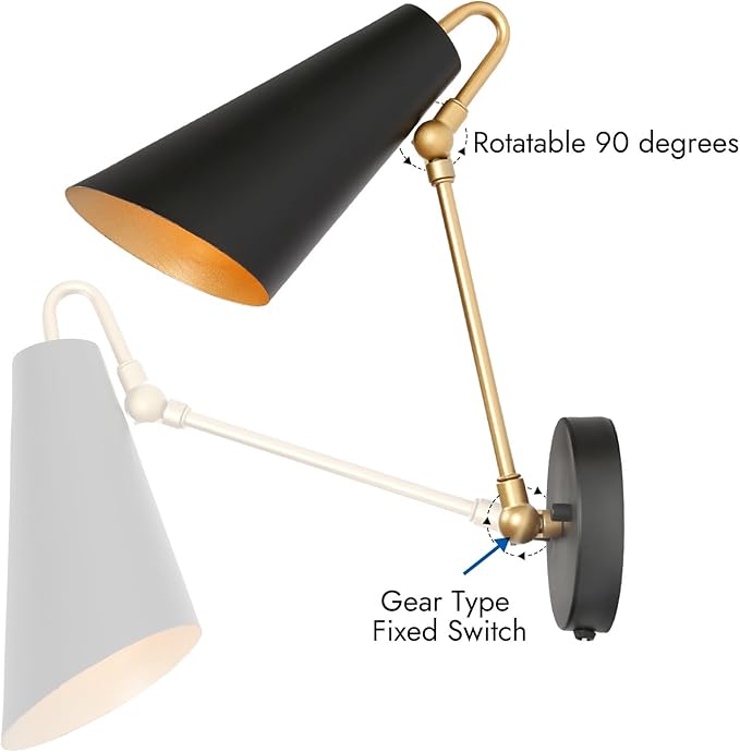KSANA Swing Arm Wall Lamp, Black and Gold Plug in or Hardwired Wall Sconces, Modern Adjustable Arm Light Fixture with On/Off Switch for Bedroom, Kitchen, Hallway and Living Room
