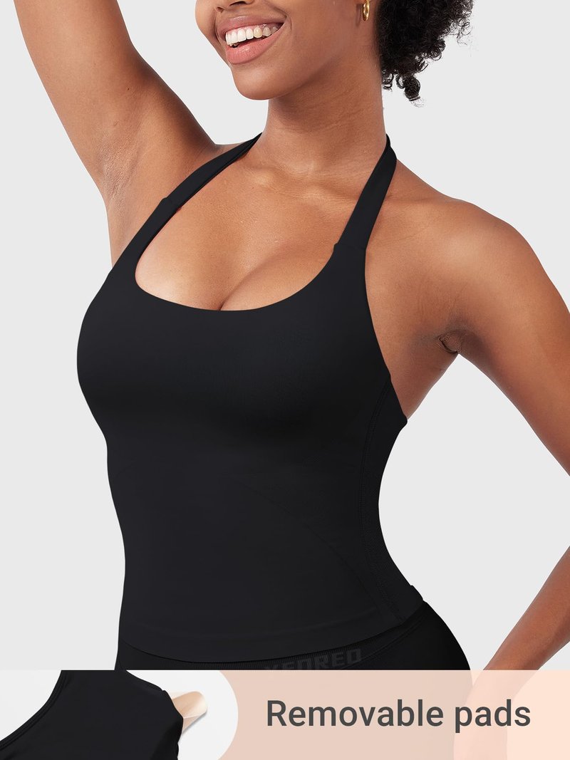 YEOREO SoftHue Women's Impact Halter Tank Top Longline Backless Scoop Neck Built-in Bra Sports Workout Gym Crop Top Black S