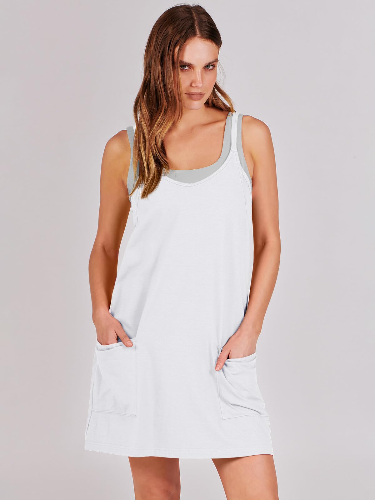 ANRABESS Women Athletic Dress Summer Tennis Workout Active Sports Mini Romper Dress Built in Shorts Travel Vacation Clothes White Small