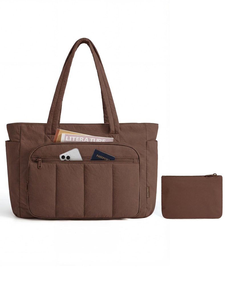 BAGSMART Tote Bag for Women, 2 Set Puffer Tote Bag with Zipper, Quilted Nurse Handbags for Work Travel College, Chocolate
