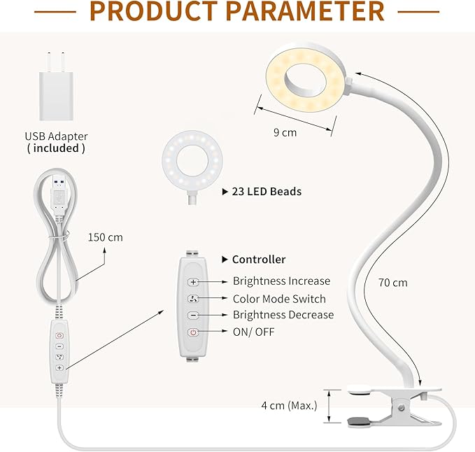 iZELL Book Light, Clip on Reading Light with Flexible Gooseneck, Dimmable LED Lamparas Clamp on Workbench Desk for Studying Painting Crafting Drawing Makeup Nail Tech Puzzle Task - 27.6‘’ White