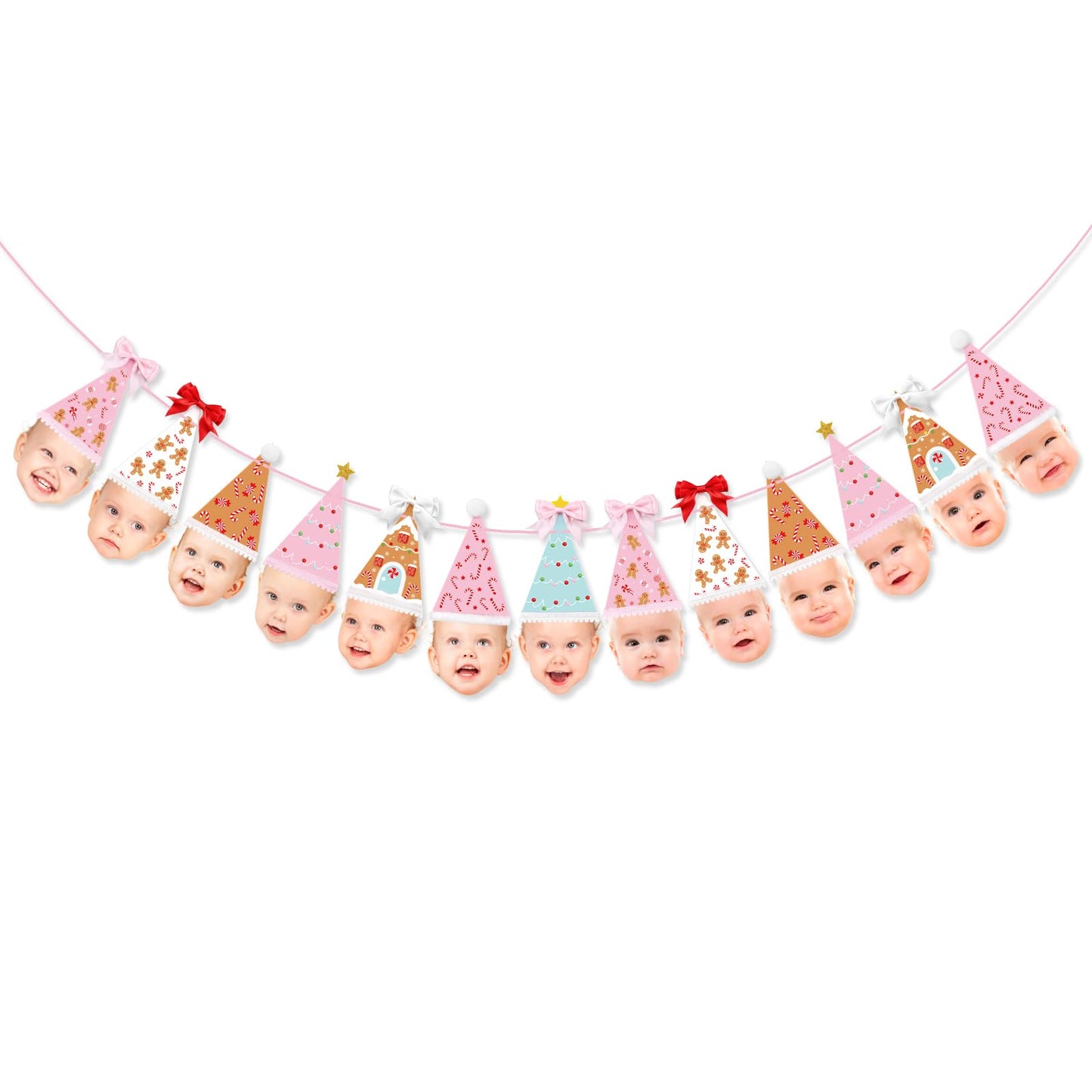 K KUMEED Custom Face Christmas Banner,Bow Birthday Photo Banner from Newborn to 12 Months Gingerbread Christmas Hat Theme Monthly Milestone Photograph Bunting Garland