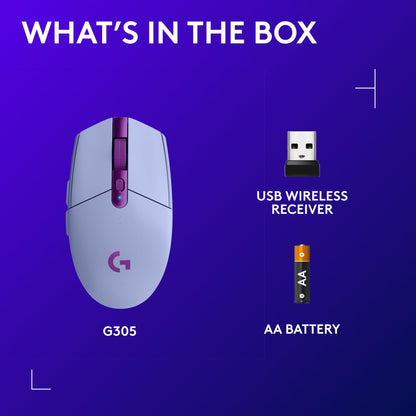 Logitech G305 LIGHTSPEED Wireless Gaming Mouse, Hero 12K Sensor, 12,000 DPI, Lightweight, 6 Programmable Buttons, 250h Battery Life, On-Board Memory, PC/Mac - Lilac