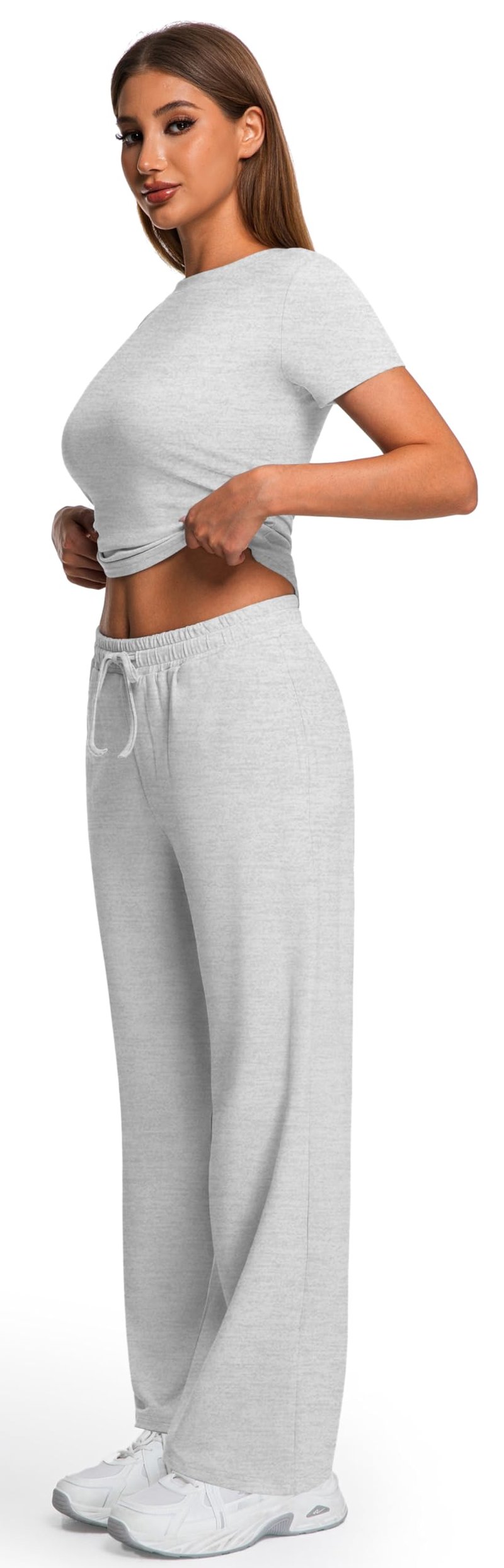 Kivdol 2 Piece Matching Summer Sweatsuit Lounge Set Womens Wide Leg Pants Side Ruching Crop Top Sets